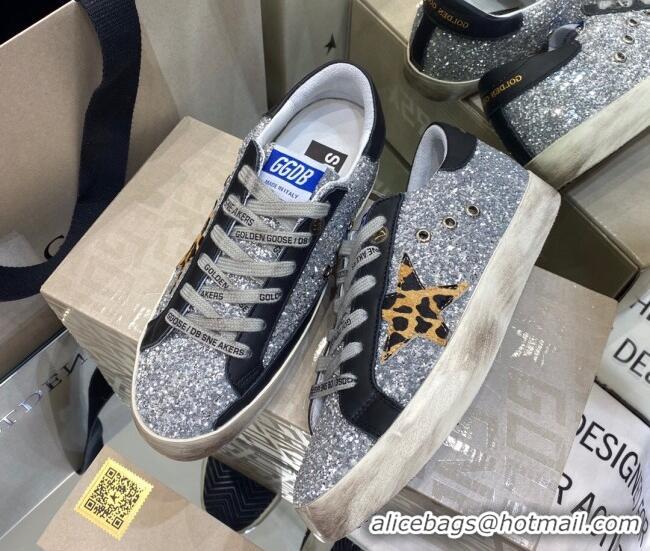 Custom Golden Goose Super-Star Sneakers in Silver Glitter and Black Leather With Leopard Print Star 105051