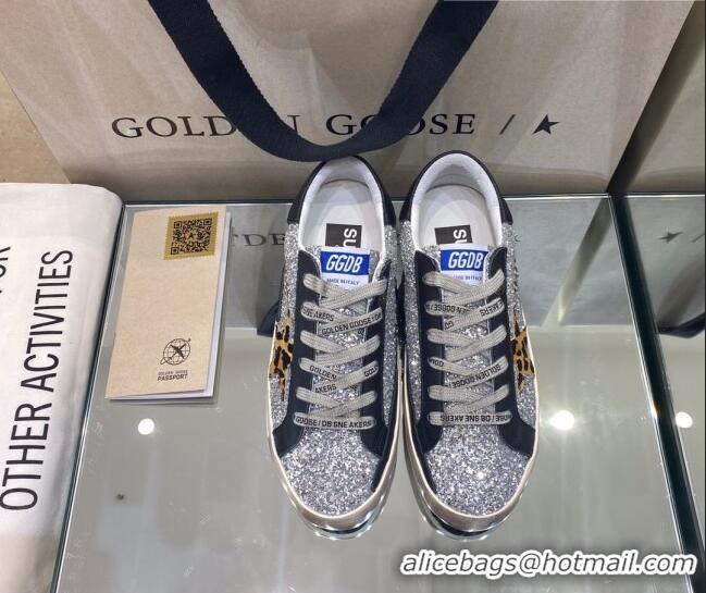 Custom Golden Goose Super-Star Sneakers in Silver Glitter and Black Leather With Leopard Print Star 105051