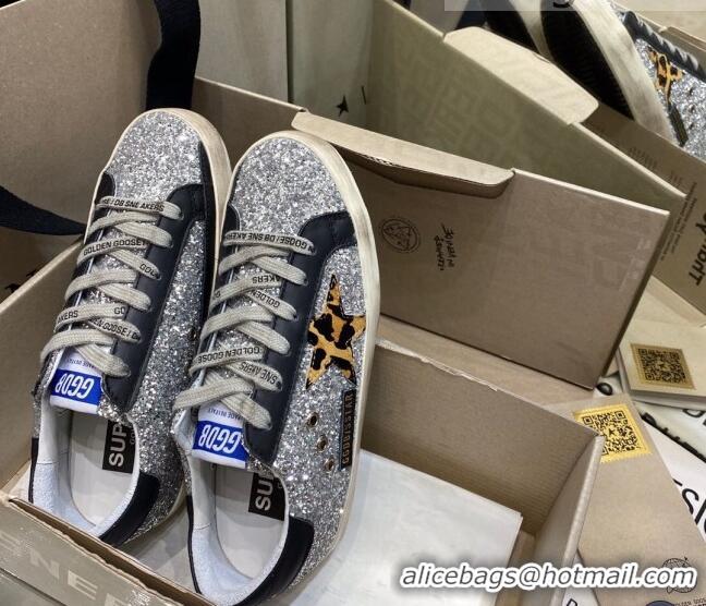 Custom Golden Goose Super-Star Sneakers in Silver Glitter and Black Leather With Leopard Print Star 105051