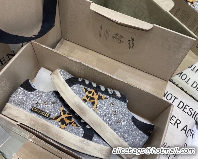 Custom Golden Goose Super-Star Sneakers in Silver Glitter and Black Leather With Leopard Print Star 105051