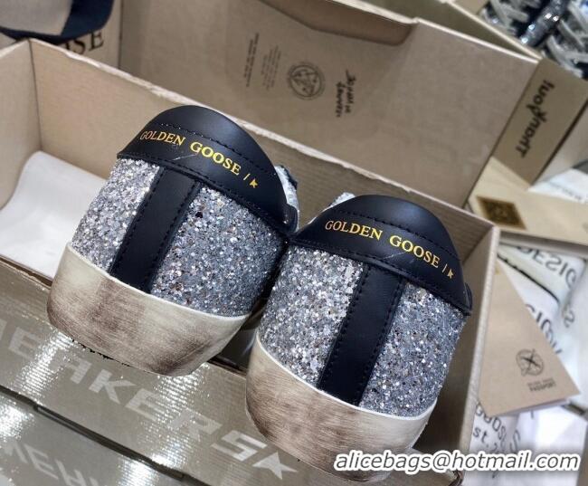 Custom Golden Goose Super-Star Sneakers in Silver Glitter and Black Leather With Leopard Print Star 105051