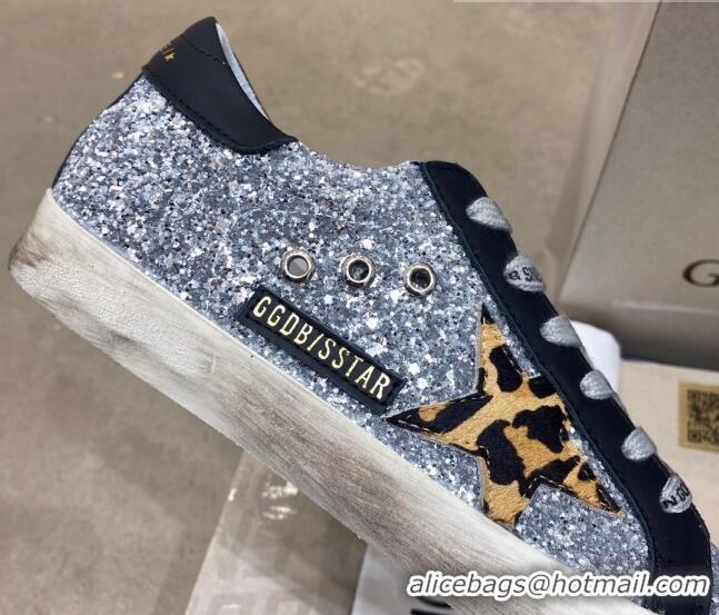 Custom Golden Goose Super-Star Sneakers in Silver Glitter and Black Leather With Leopard Print Star 105051