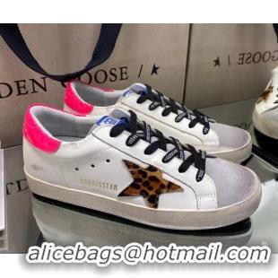 Best Luxury Golden Goose Super-Star Sneakers in White Leather With Leopard Print Star 105054