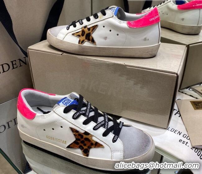 Best Luxury Golden Goose Super-Star Sneakers in White Leather With Leopard Print Star 105054