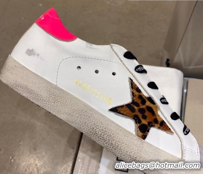 Best Luxury Golden Goose Super-Star Sneakers in White Leather With Leopard Print Star 105054