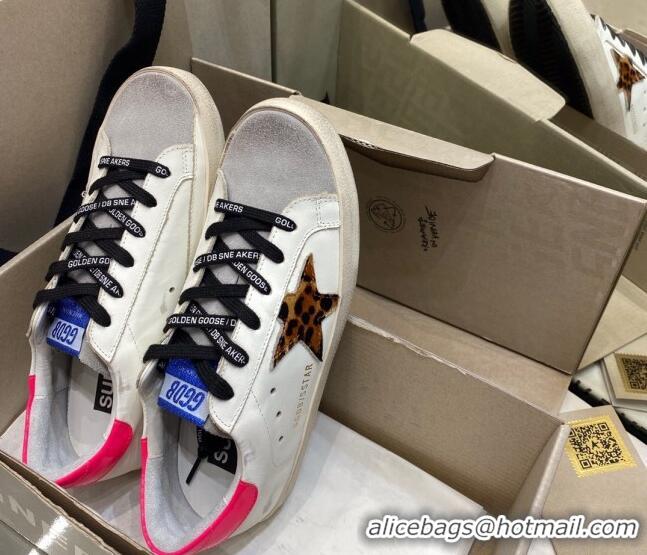 Best Luxury Golden Goose Super-Star Sneakers in White Leather With Leopard Print Star 105054