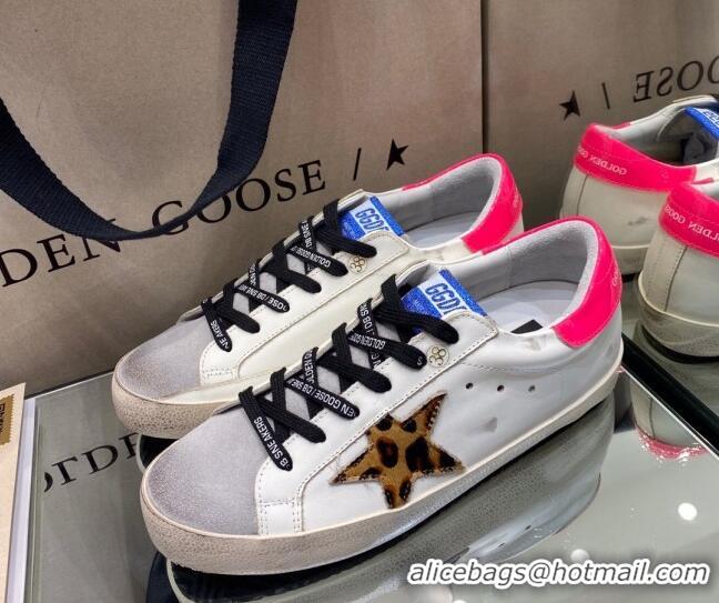 Best Luxury Golden Goose Super-Star Sneakers in White Leather With Leopard Print Star 105054