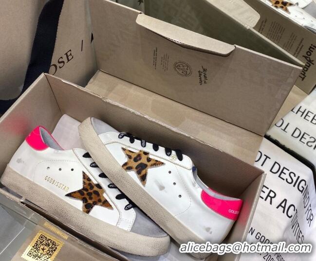 Best Luxury Golden Goose Super-Star Sneakers in White Leather With Leopard Print Star 105054