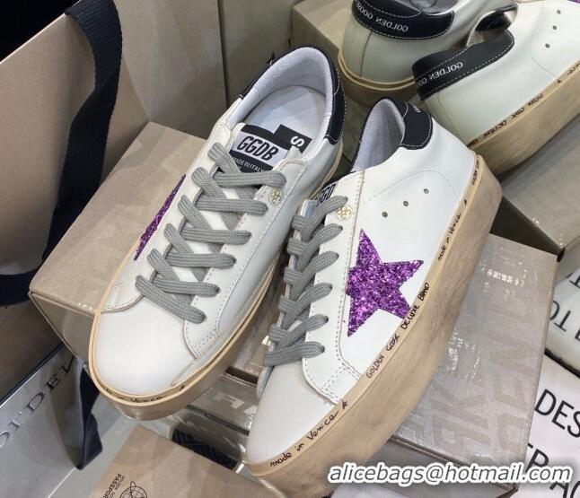 Best Design Golden Goose Hi Star Sneakers in White Leather with Purple Glitter Star 105056