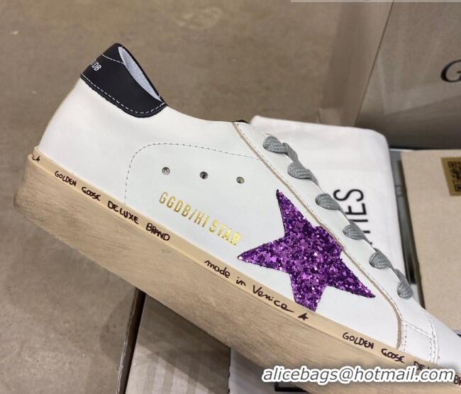 Best Design Golden Goose Hi Star Sneakers in White Leather with Purple Glitter Star 105056