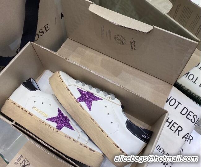 Best Design Golden Goose Hi Star Sneakers in White Leather with Purple Glitter Star 105056