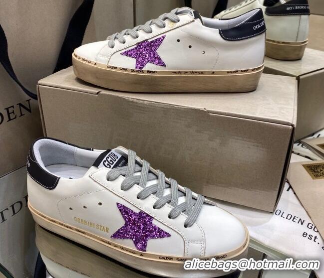 Best Design Golden Goose Hi Star Sneakers in White Leather with Purple Glitter Star 105056