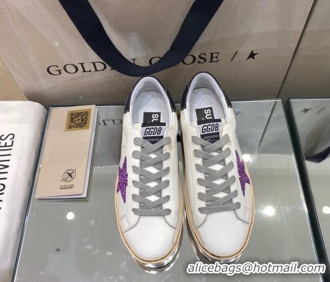 Best Design Golden Goose Hi Star Sneakers in White Leather with Purple Glitter Star 105056