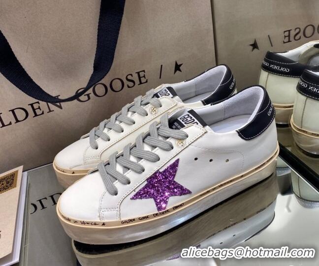 Best Design Golden Goose Hi Star Sneakers in White Leather with Purple Glitter Star 105056