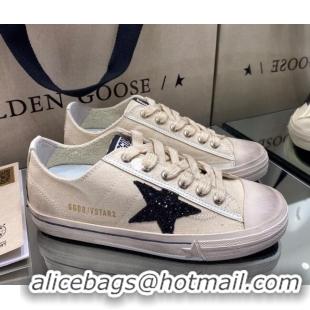 Classic Practical Golden Goose V-Star LTD Sneakers in Beige Canvas With Black Glitter Star 105057