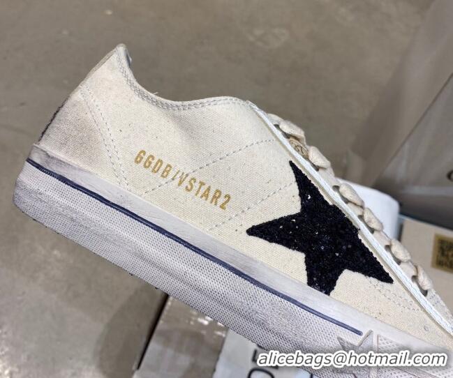 Classic Practical Golden Goose V-Star LTD Sneakers in Beige Canvas With Black Glitter Star 105057