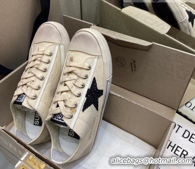 Classic Practical Golden Goose V-Star LTD Sneakers in Beige Canvas With Black Glitter Star 105057