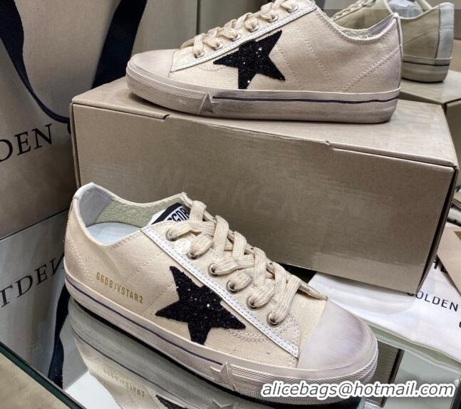 Classic Practical Golden Goose V-Star LTD Sneakers in Beige Canvas With Black Glitter Star 105057