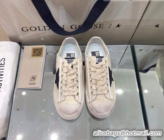 Classic Practical Golden Goose V-Star LTD Sneakers in Beige Canvas With Black Glitter Star 105057