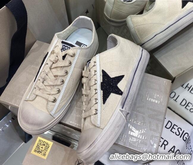 Classic Practical Golden Goose V-Star LTD Sneakers in Beige Canvas With Black Glitter Star 105057