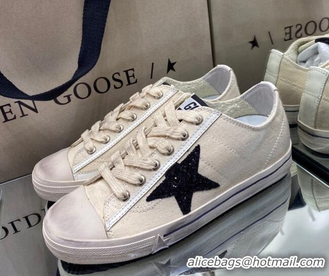 Classic Practical Golden Goose V-Star LTD Sneakers in Beige Canvas With Black Glitter Star 105057