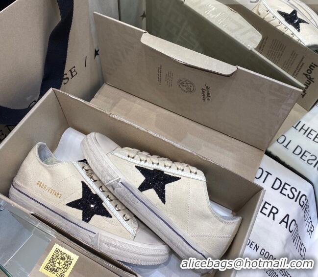 Classic Practical Golden Goose V-Star LTD Sneakers in Beige Canvas With Black Glitter Star 105057