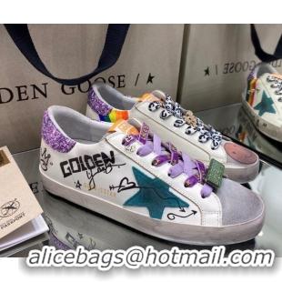 Good Product Golden Goose Super-Star Sneakers in White Leather with Graffiti and Purple Back 105060