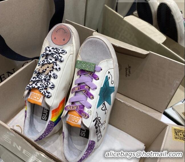 Good Product Golden Goose Super-Star Sneakers in White Leather with Graffiti and Purple Back 105060