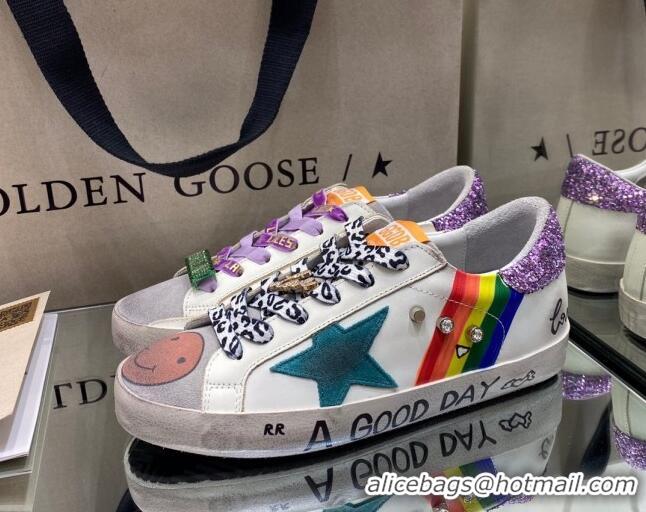 Good Product Golden Goose Super-Star Sneakers in White Leather with Graffiti and Purple Back 105060