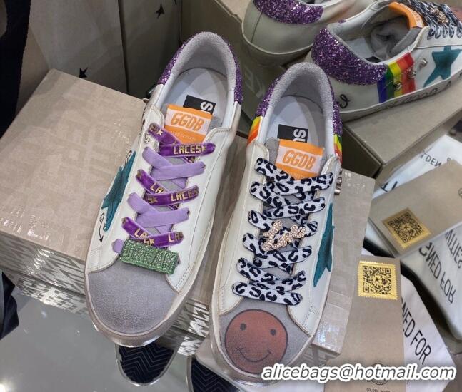 Good Product Golden Goose Super-Star Sneakers in White Leather with Graffiti and Purple Back 105060