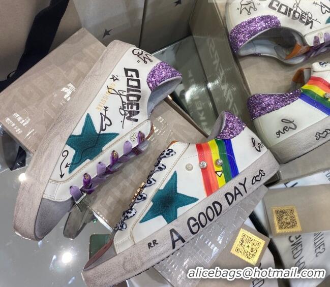 Good Product Golden Goose Super-Star Sneakers in White Leather with Graffiti and Purple Back 105060