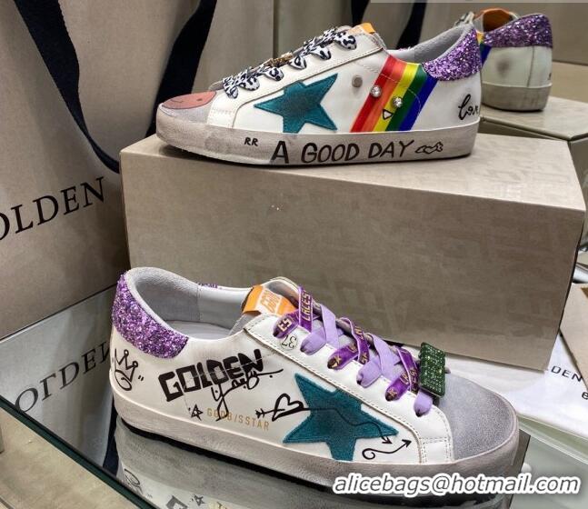 Good Product Golden Goose Super-Star Sneakers in White Leather with Graffiti and Purple Back 105060