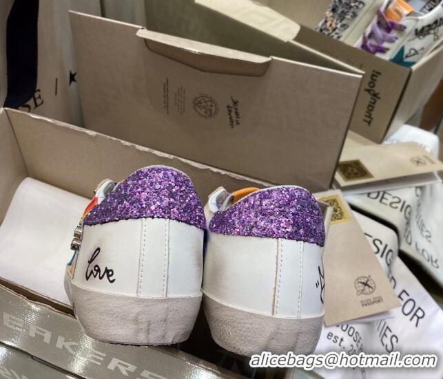 Good Product Golden Goose Super-Star Sneakers in White Leather with Graffiti and Purple Back 105060