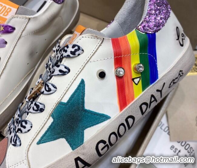 Good Product Golden Goose Super-Star Sneakers in White Leather with Graffiti and Purple Back 105060