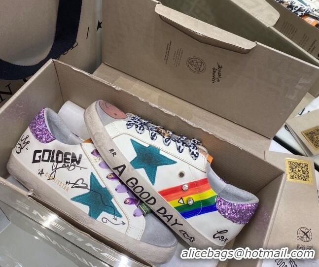 Good Product Golden Goose Super-Star Sneakers in White Leather with Graffiti and Purple Back 105060