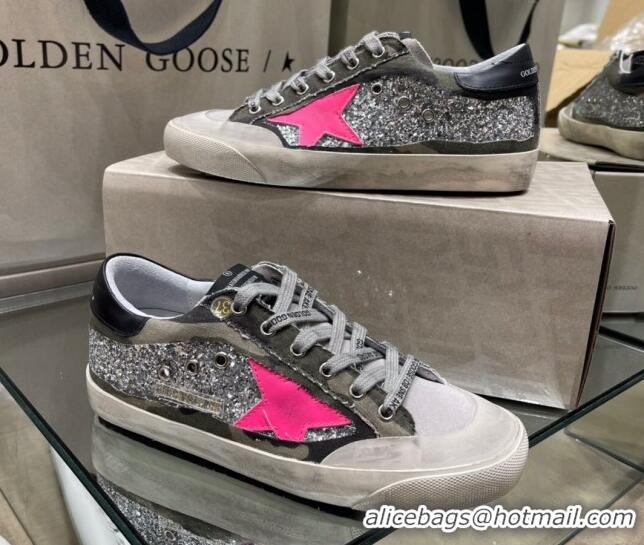 Stylish Golden Goose Super-Star Sneakers in Silver Glitter and Camouflage Canvas 105067