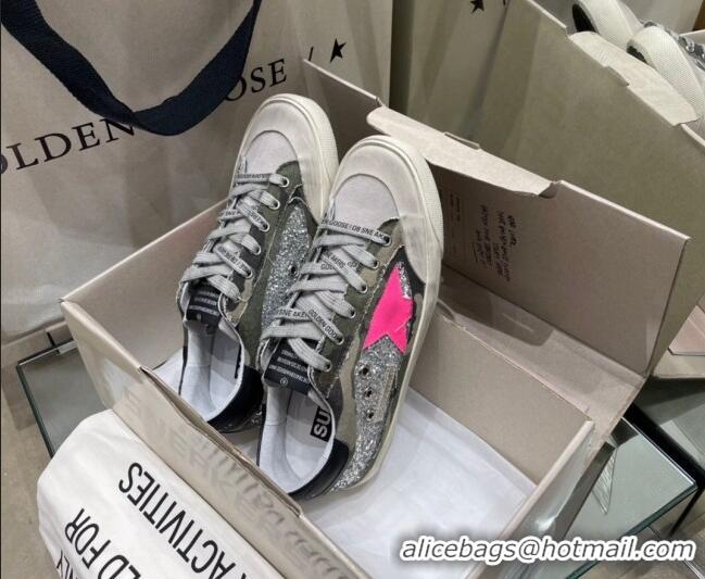 Stylish Golden Goose Super-Star Sneakers in Silver Glitter and Camouflage Canvas 105067