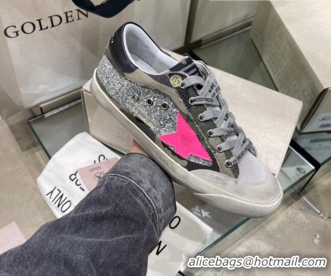 Stylish Golden Goose Super-Star Sneakers in Silver Glitter and Camouflage Canvas 105067