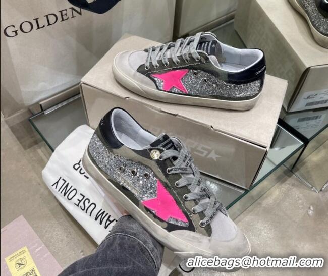 Stylish Golden Goose Super-Star Sneakers in Silver Glitter and Camouflage Canvas 105067