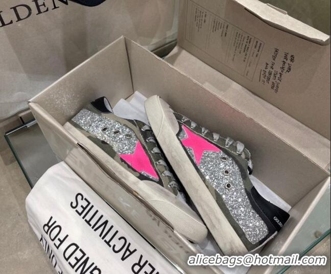 Stylish Golden Goose Super-Star Sneakers in Silver Glitter and Camouflage Canvas 105067