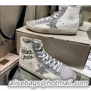 Custom Golden Goose Francy Sneakers in White Leather with Silver Glitter Star 105068