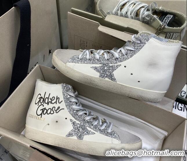 Custom Golden Goose Francy Sneakers in White Leather with Silver Glitter Star 105068