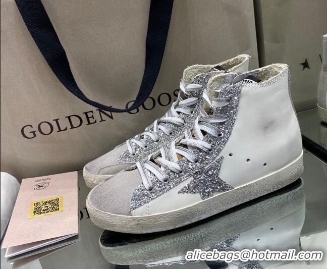 Custom Golden Goose Francy Sneakers in White Leather with Silver Glitter Star 105068