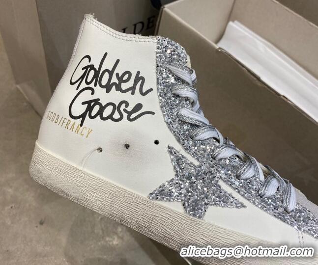 Custom Golden Goose Francy Sneakers in White Leather with Silver Glitter Star 105068