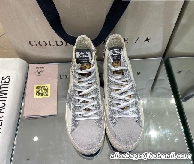 Custom Golden Goose Francy Sneakers in White Leather with Silver Glitter Star 105068