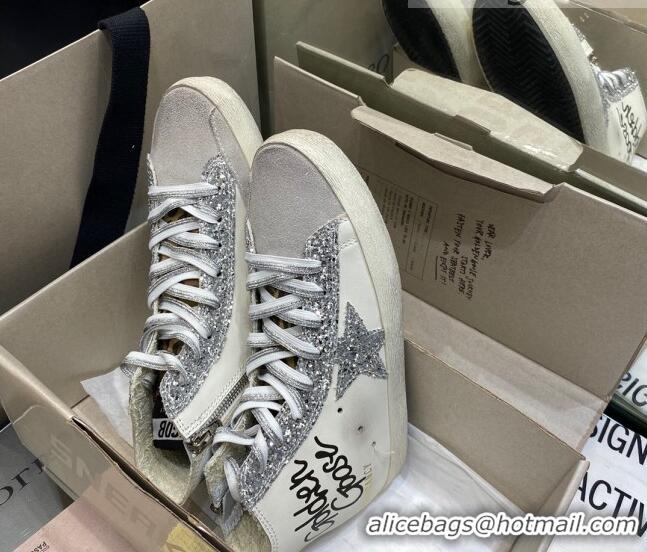 Custom Golden Goose Francy Sneakers in White Leather with Silver Glitter Star 105068