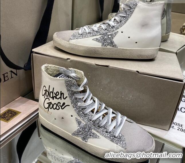 Custom Golden Goose Francy Sneakers in White Leather with Silver Glitter Star 105068