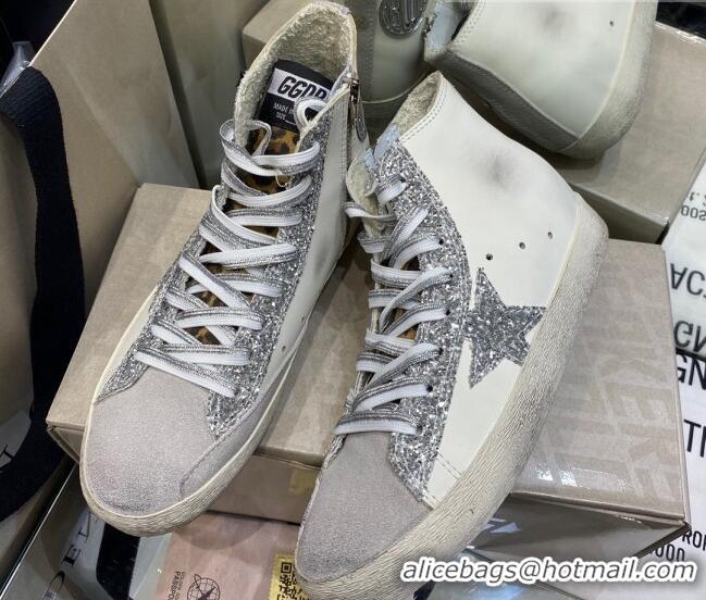 Custom Golden Goose Francy Sneakers in White Leather with Silver Glitter Star 105068