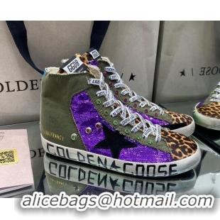 Top Quality Golden Goose Francy Sneakers in Army Green Canvas with Purple Sequin 105070