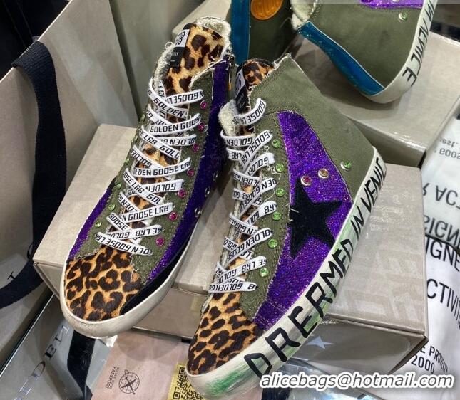 Top Quality Golden Goose Francy Sneakers in Army Green Canvas with Purple Sequin 105070